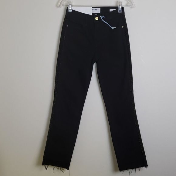 Frame Le high Straight Velvet Tux Step Up Hem Jean in Noir Sz 25 NWT - Picture 2 of 9